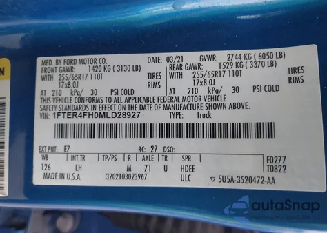 2021 Ford Ranger Xlt from USA, damaged, VIN 1FTER4FH0MLD28927